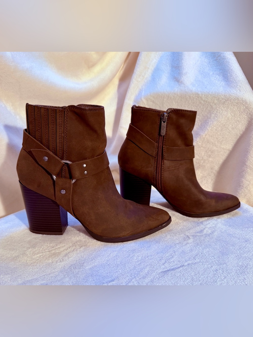 Indigo Rd Brown Suedette Ankle Booties with Strap & Stud Accents